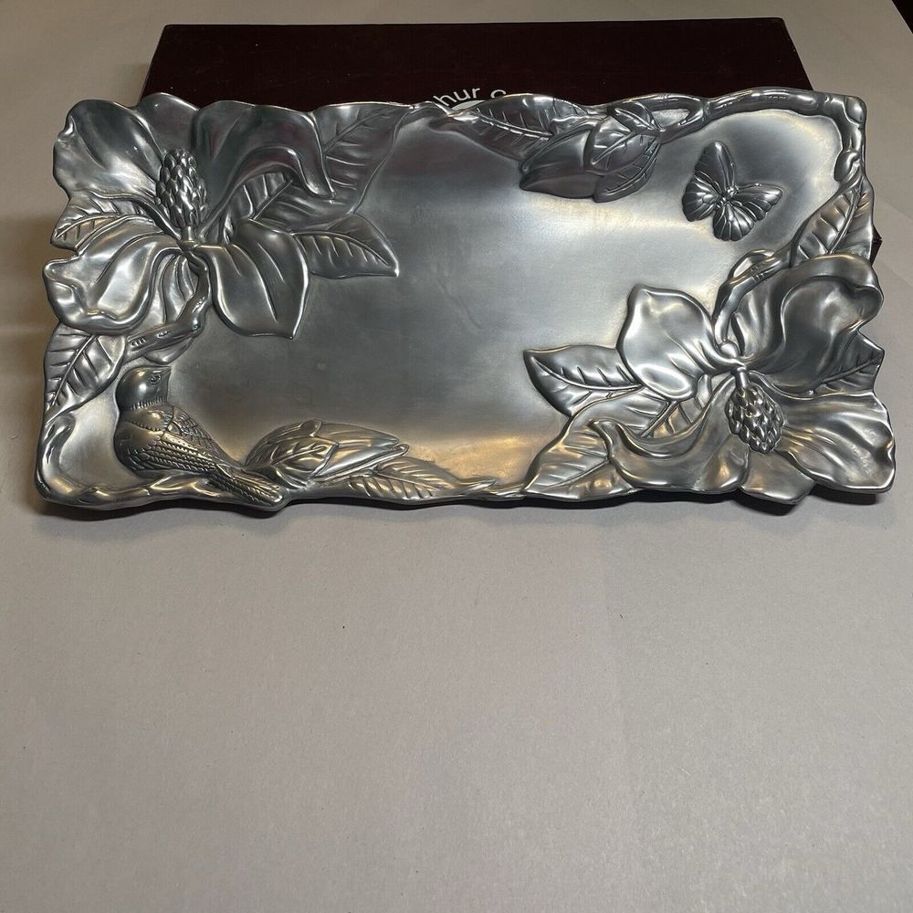 VTG 2000 Arthur Court Tray W/Magnolia, Bird & Butterfly Silver With Box 11 X6
